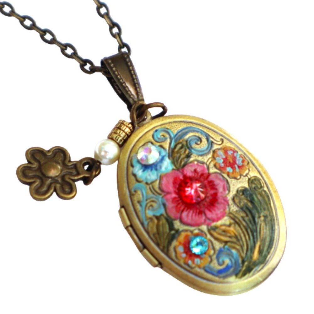 NEW Handmade Antiqued Gold Floral Locket Necklace Romantic Art Nouveau Jewelry